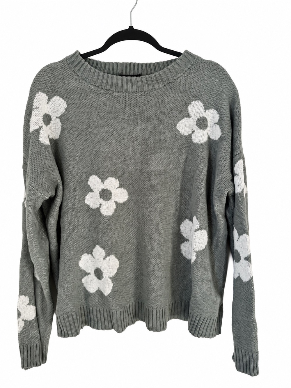 Just Polly Womens Green Floral Daisy Knit Crew Neck Sweater Retro Indie Y2K L